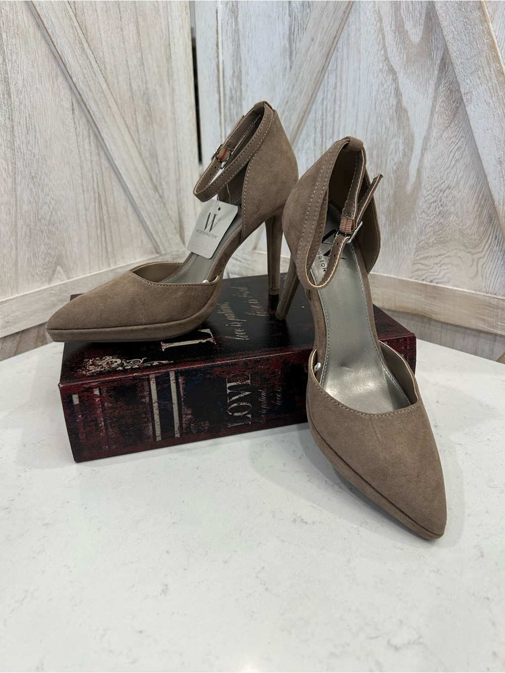 Worthington Taupe Pointed-Toe Ankle-Strap Heels